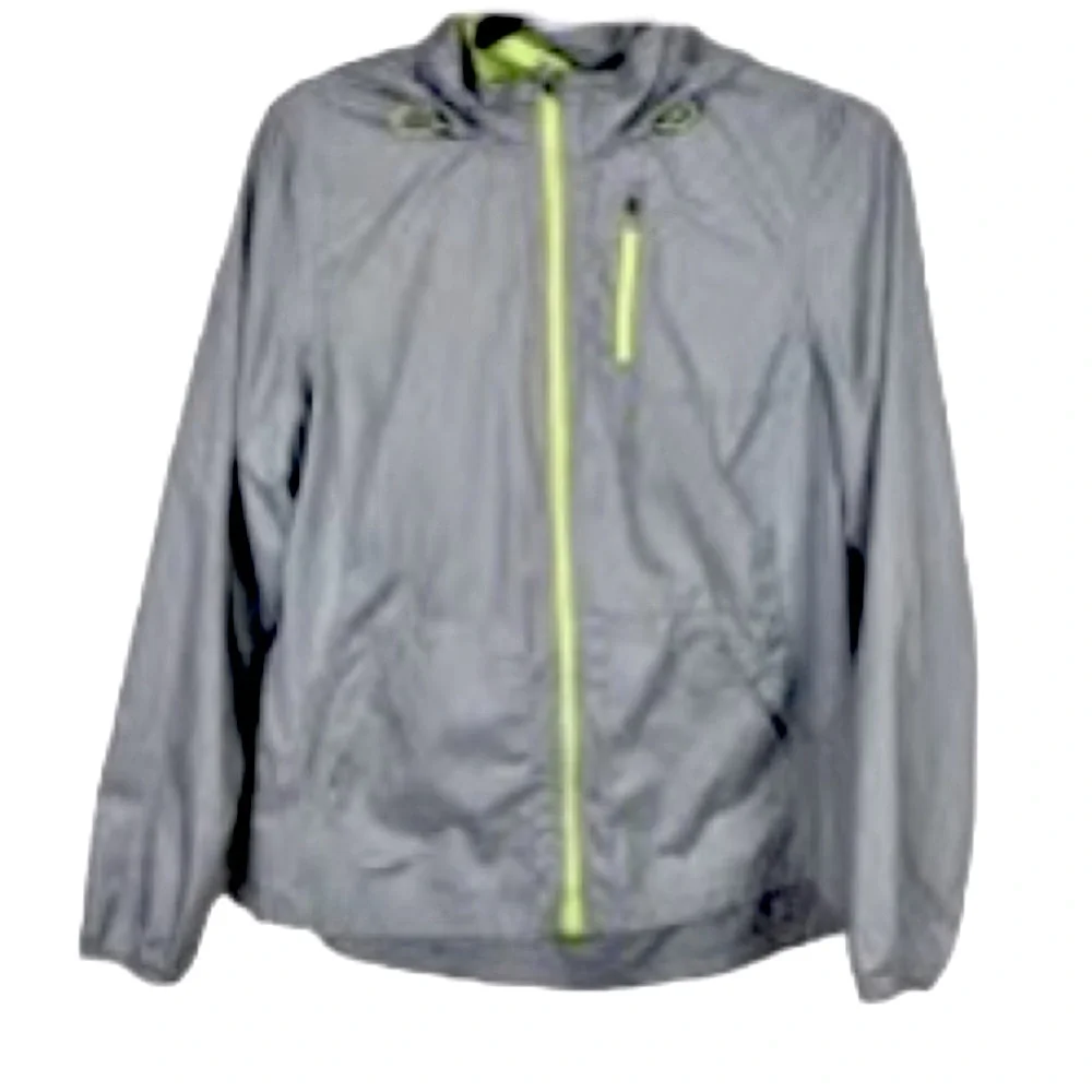 DANSKIN NOW Windbreaker Runner Lightweight Jacket Silver Gray Neon Yellow Medium